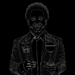 Un dessin en noir et blanc d'Adel Tawil tenant de multiples prix musicaux, avec des classements et des notes de musique en arrière-plan, symbolisant sa carrière réussie.