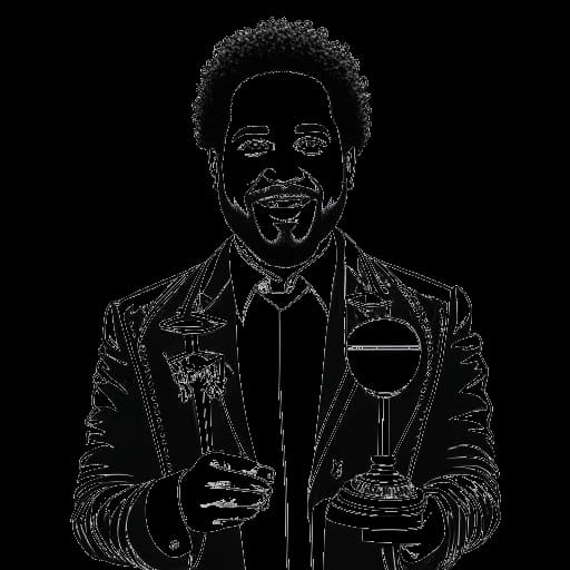Un dessin en noir et blanc d'Adel Tawil tenant de multiples prix musicaux, avec des classements et des notes de musique en arrière-plan, symbolisant sa carrière réussie.