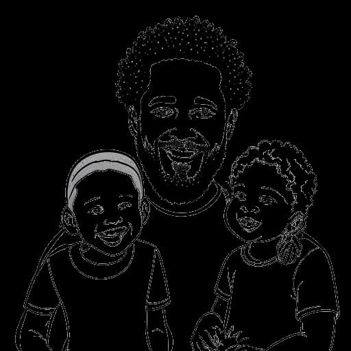 Un dessin en noir et blanc d'Adel Tawil passant du temps de qualité avec ses enfants, participant à des activités éducatives et musicales, et explorant de nouvelles villes pour trouver l'inspiration.