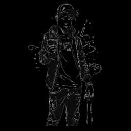 Un dessin en noir et blanc d'un adolescent représentant Adel Tawil, tenant des bombes de peinture graffiti et créant des œuvres d'art de rue vibrantes sur les murs.