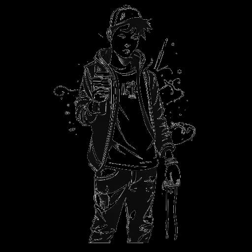 Un dessin en noir et blanc d'un adolescent représentant Adel Tawil, tenant des bombes de peinture graffiti et créant des œuvres d'art de rue vibrantes sur les murs.