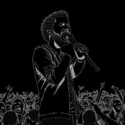 Un dessin en noir et blanc d'Adel Tawil en train de se produire sur scène, tenant un micro, avec la foule qui applaudit avec excitation.