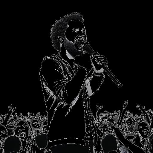 Un dessin en noir et blanc d'Adel Tawil en train de se produire sur scène, tenant un micro, avec la foule qui applaudit avec excitation.