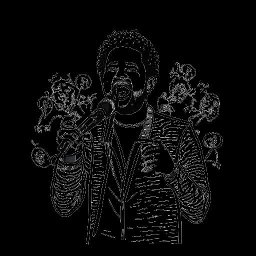 Line art drawing of a man representing Adel Tawil, confidently holding a microphone amidst musical notes and dollar signs, symbolizing his successful music career and financial endeavors, all against a white background.