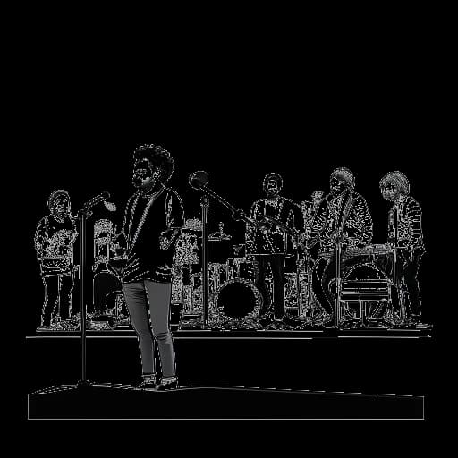 Line art collage of various album covers beside an onstage Adel Tawil, indicative of his prolific album releases and tours, all set against a minimalist white background.