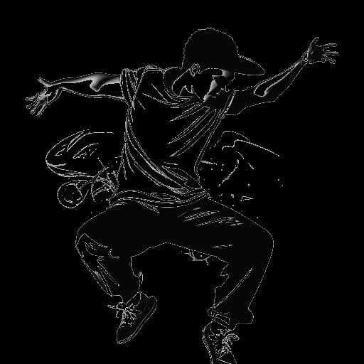 Line art drawing of a teenage Adel Tawil breakdancing, representing his passion for hip-hop, with a graffiti wall and musical notes in the backdrop, against a white background.