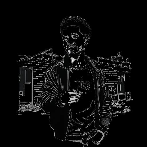 Line art drawing of a school building marked with graffiti, symbolizing Adel Tawil's expulsion from Freiherr-vom-Stein-Gymnasium for graffiti vandalism, featuring a young Adel Tawil with a spray can, on a white background.