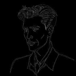 Line art drawing of a man, representing Sidney Friede, illustrating his love for geography, distinctive hairstyle, entrepreneurial pursuits in fashion, and learning to drive, against a white backdrop.