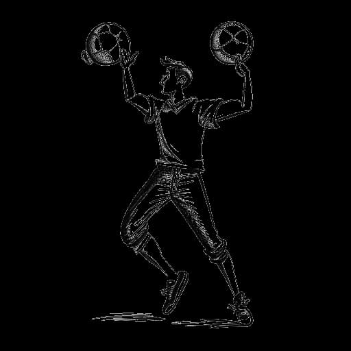 Line art drawing of a man, representing Sidney Friede, juggling a football and a book.