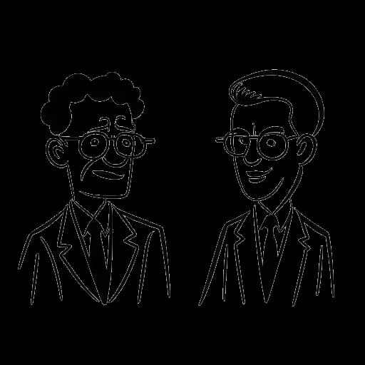 Line art drawing of a man, representing Sidney Friede, with two speech bubbles, one in English and one in German.
