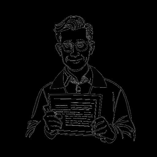 Line art drawing of a man, representing Sidney Friede, holding a driver's license and a book.