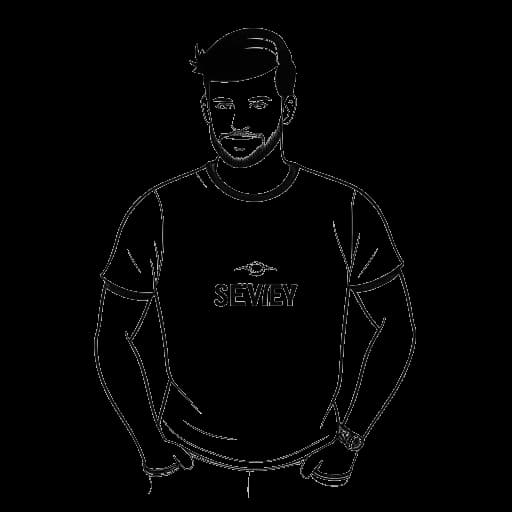 Line art drawing of a man, representing Sidney Friede, holding a t-shirt with the Elevate Clothing logo.