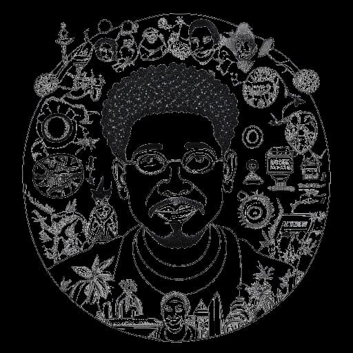 Line art drawing of a man, representing Sidney Friede, with mixed ethnicity features. Imagery of German, Nigerian, and American cultures is present in the background.
