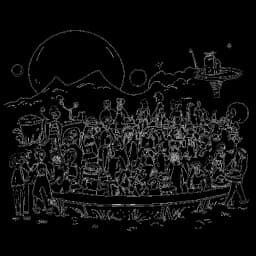 Line art drawing of a community engrossed in the Skibidi Toilet universe, eagerly anticipating new mysteries.