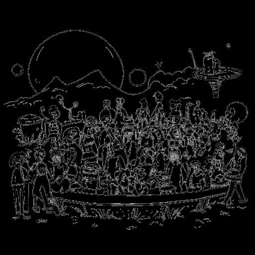 Line art drawing of a community engrossed in the Skibidi Toilet universe, eagerly anticipating new mysteries.