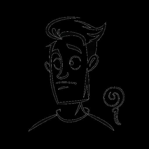 Lijntekening van een man met een grijns en een gedachteballon met een vraagteken, wat DaFuq!?Boom! vertegenwoordigt die fans trollt met misleidende informatie