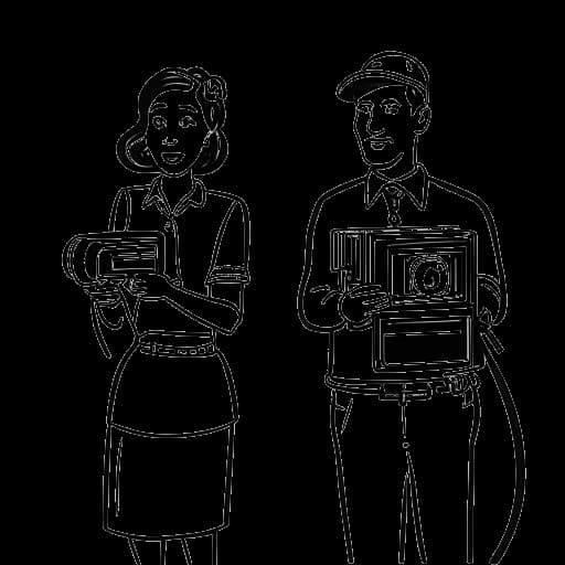 Lijntekening van een vrouw met een tv als hoofd en een man die een camera vasthoudt, wat TV Woman en Elite Cameraman vertegenwoordigt