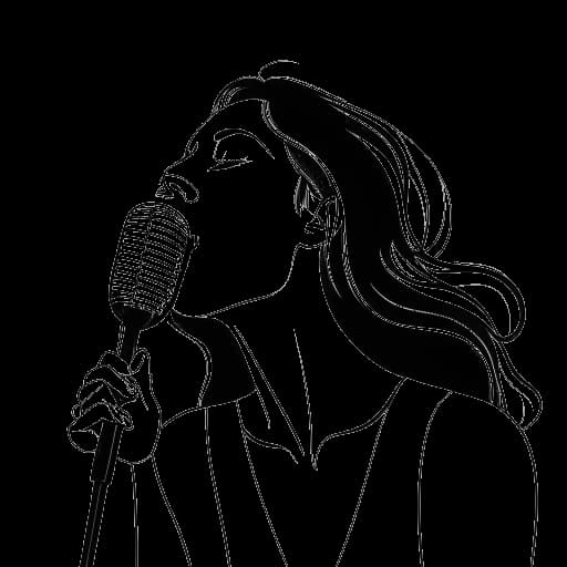 Lijntekening van een vrouw, die Ellie Goulding vertegenwoordigt, die in een microfoon zingt, met geluidsgolven die haar kenmerkende sopraanstem met hoge doordringende vibrato en zuchtende toon weergeven.