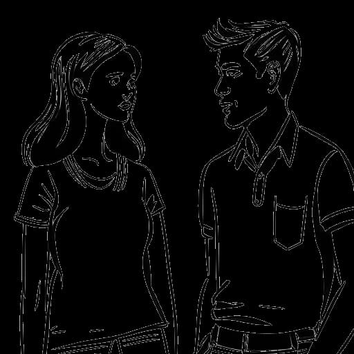 Lijntekening van een jonge vrouw, die Ellie Goulding vertegenwoordigt, die met een man praat, die Jamie Lillywhite vertegenwoordigt, op een universiteitscampus.