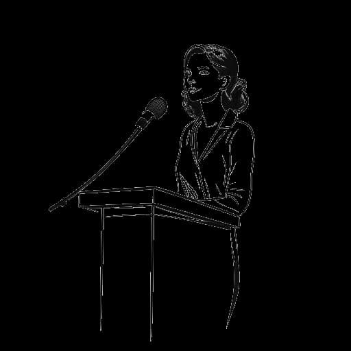 Lijntekening van een vrouw, die Ellie Goulding vertegenwoordigt, die aan een lessenaar spreekt met een lint voor bewustwording van mentale gezondheid.