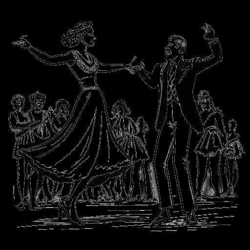 Lijntekening van een jonge vrouw, die Ellie Goulding vertegenwoordigt, die op het podium optreedt, terwijl Prins William en Kate Middleton op de voorgrond dansen.