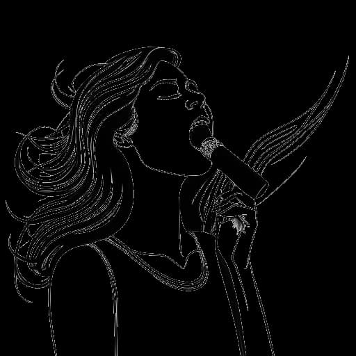 Lijntekening van een vrouw, die Ellie Goulding vertegenwoordigt, die in een microfoon zingt, met meerdere geluidsgolven die haar onderscheidende sopraanstem met hoge doordringende vibrato en ademige toon weergeven.